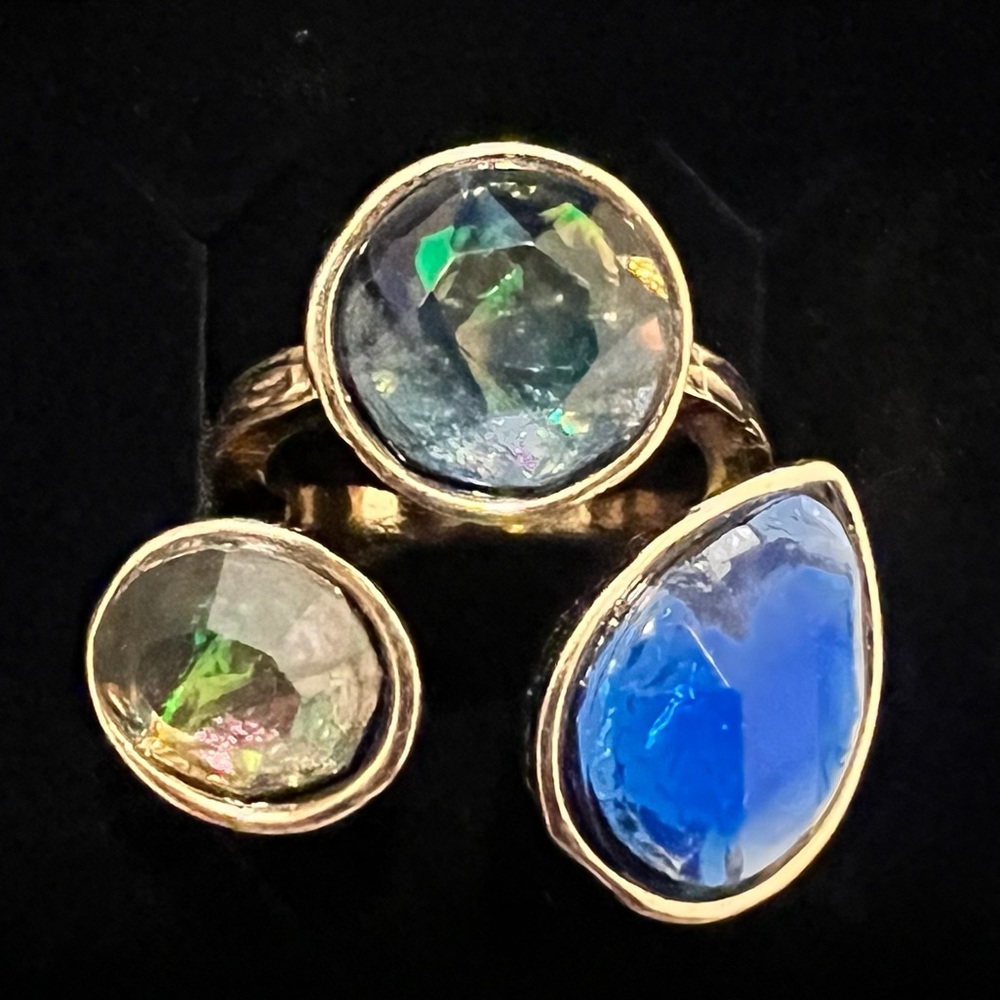 Vintage Statement Three Stone Green Blue Chunky Gold Ring Size 7